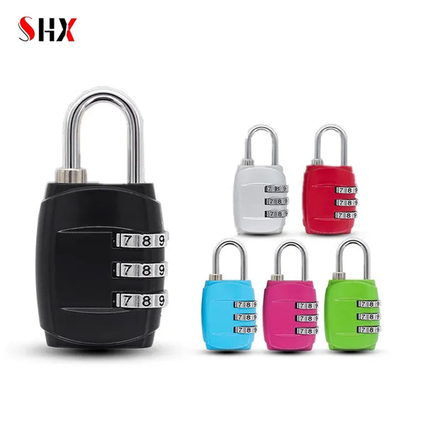 A set of three color-coded combination padlocks for luggage and travel, featuring black, white, and red locks.