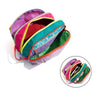 A vibrant, lightweight travel makeup bag featuring multiple colorful compartments in purple, pink, red, and green.