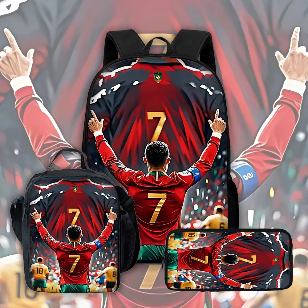 A set of cartoon character school backpacks featuring a soccer player theme.