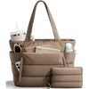A beige quilted puffer tote bag with pockets and a matching pouch resting on a white surface.