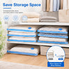 Vacuum storage bags for clothes with an electric pump storing folded garments in a white shelf.