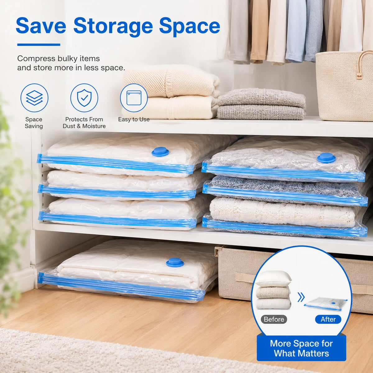 Vacuum storage bags for clothes with an electric pump storing folded garments in a white shelf.