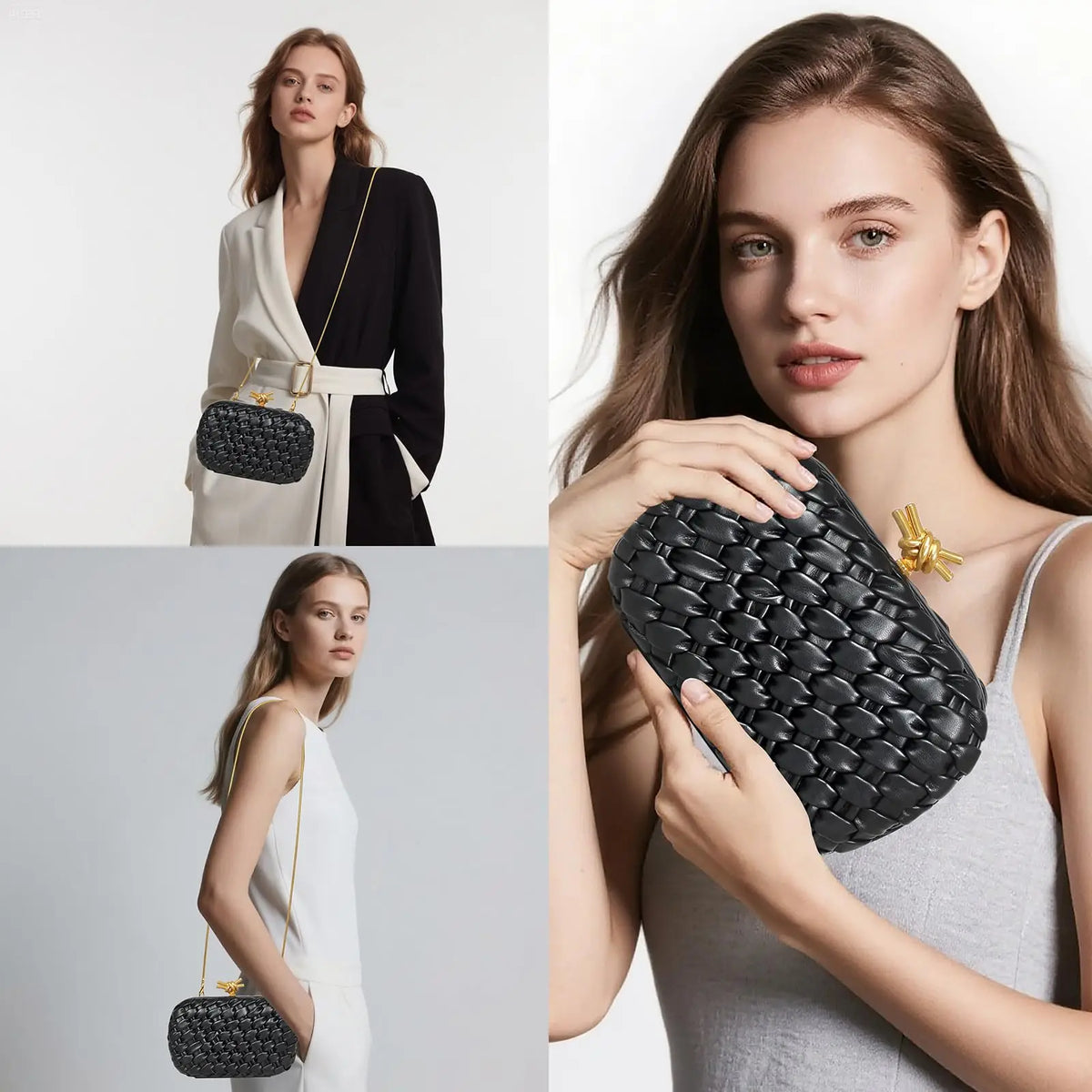 A close-up of a woman holding a black handwoven clutch evening bag against a light gray background.
