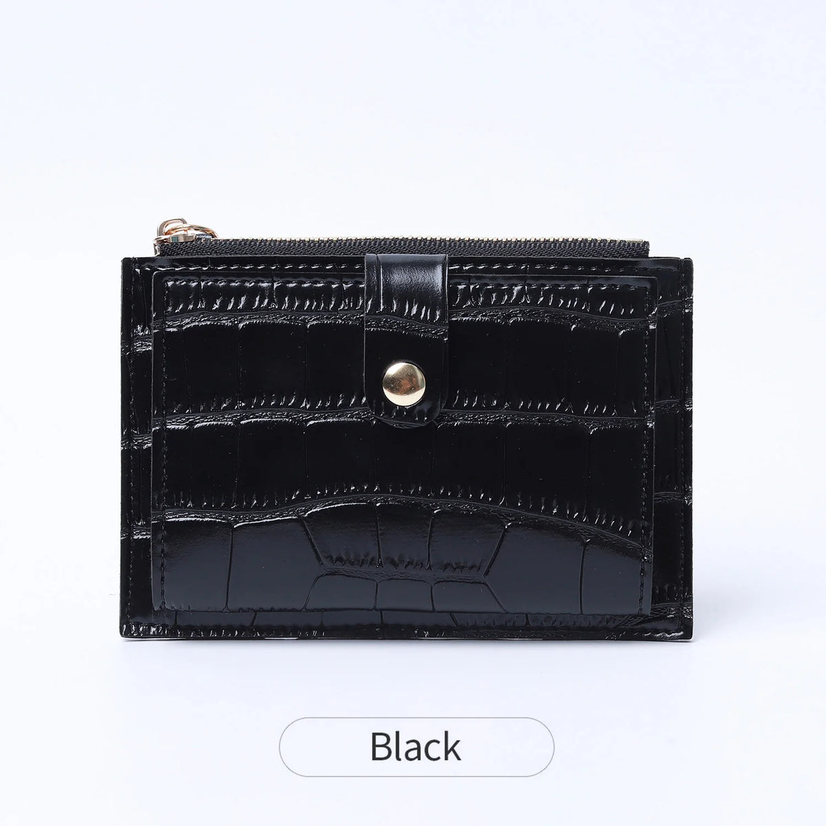 Black mini crocodile pattern leather card holder with a zipper closure