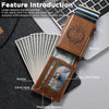 A brown PU leather card holder with a magnetic buckle and push card hole is shown next to a laptop.