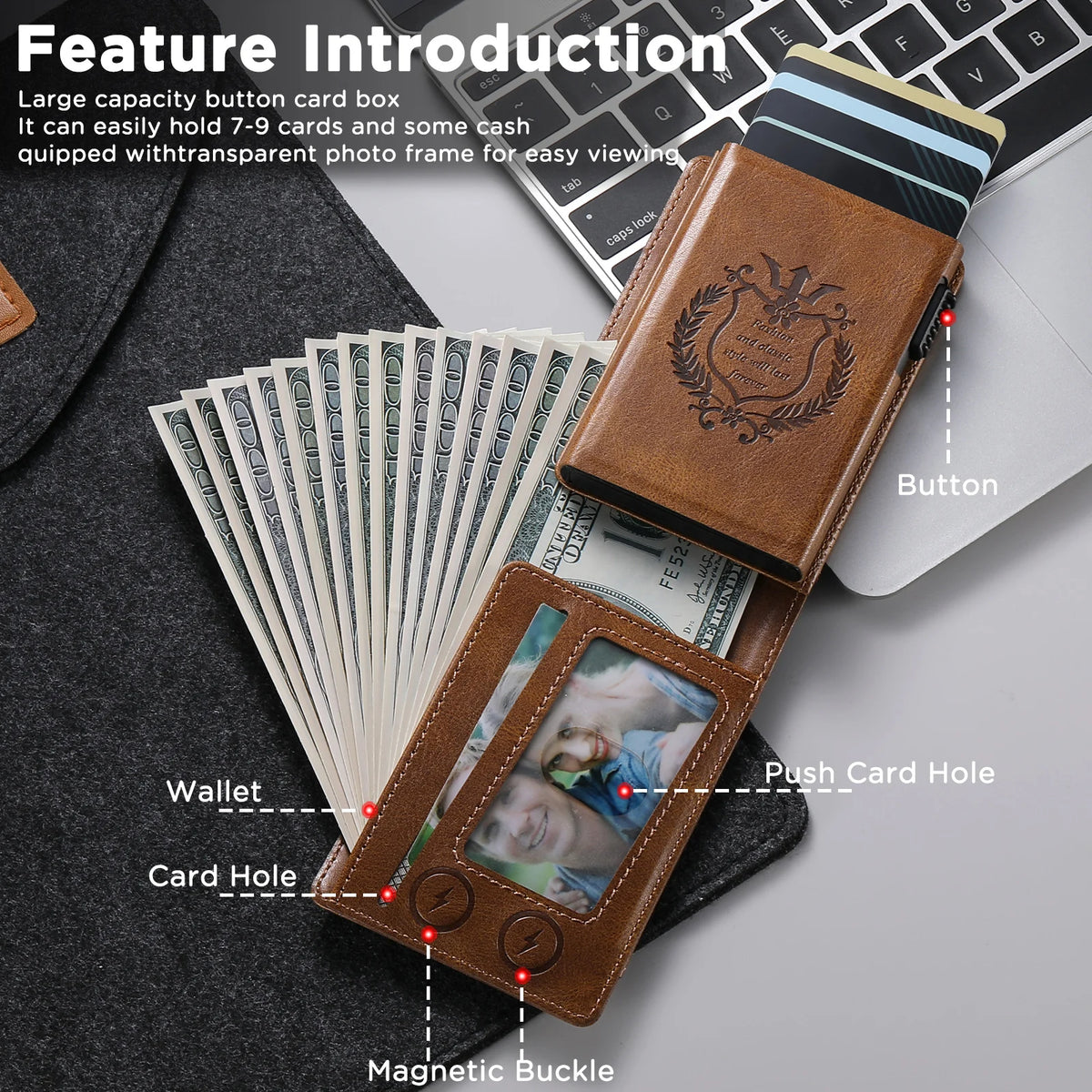 A brown PU leather card holder with a magnetic buckle and push card hole is shown next to a laptop.