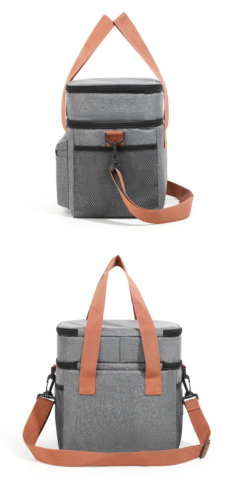 Bolso de picnic térmico gris con correas de color caqui.
