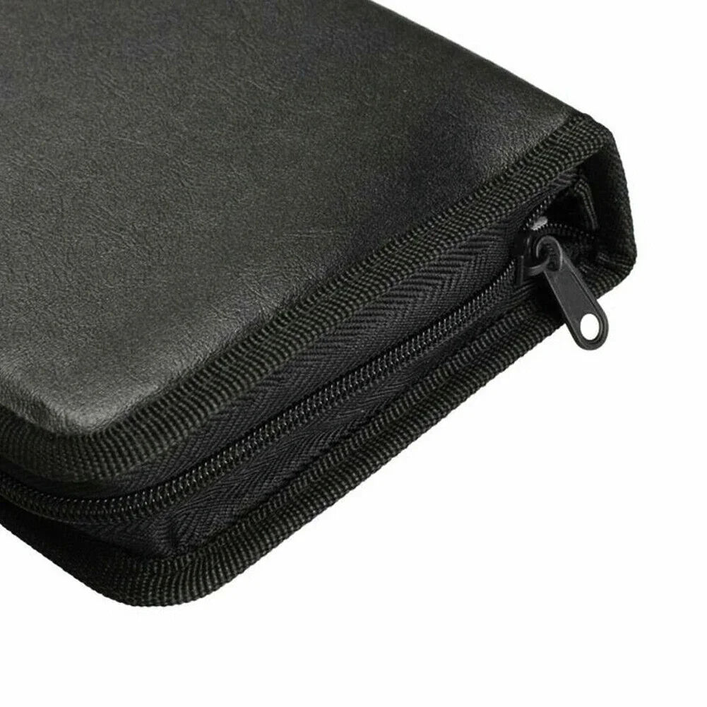 Black storage wallet case with a zippered compartment for discs