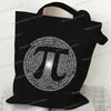 Black canvas tote bag featuring a design of the mathematical symbol Pi