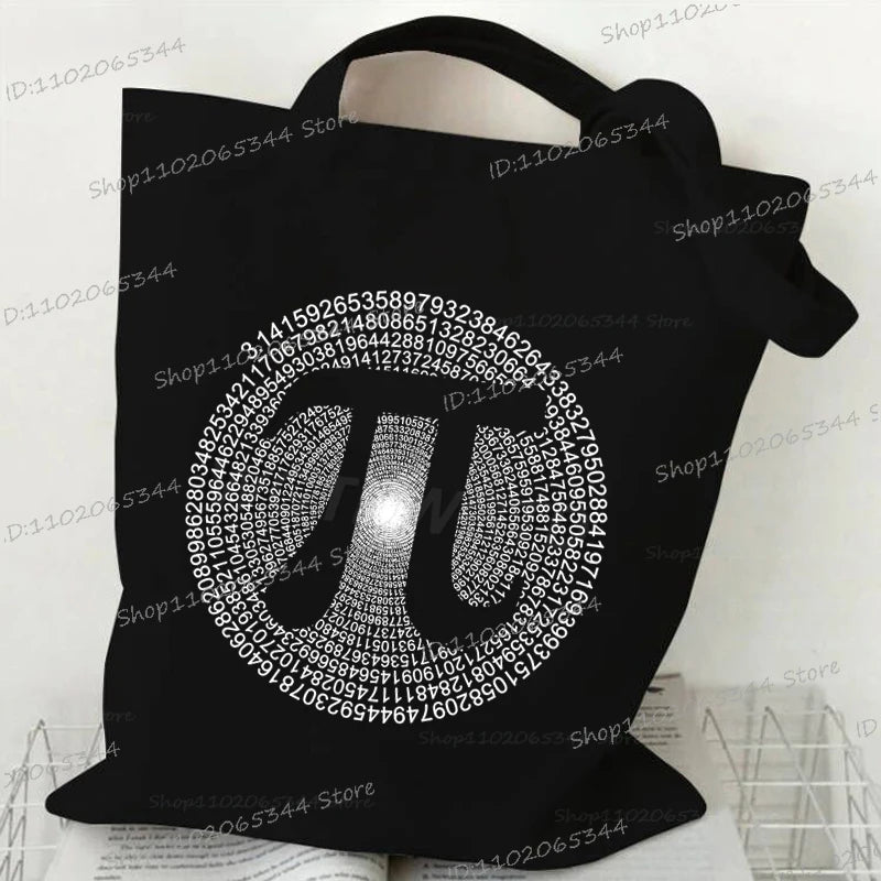Black canvas tote bag featuring a design of the mathematical symbol Pi