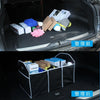 Before and after comparison of a multi-pocket car trunk organizer with foldable design showing organized items in a vehicle t