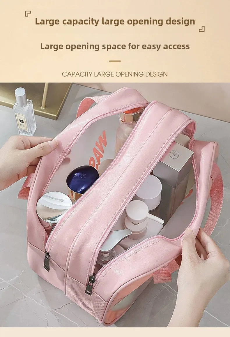 A pink double-layer clear and dry wash bag is shown open, displaying various toiletries inside.