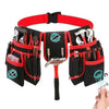 A red and black utility tool belt bag with multiple compartments and tools is shown being worn around the neck.