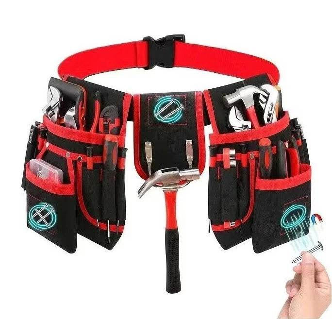 A red and black utility tool belt bag with multiple compartments and tools is shown being worn around the neck.