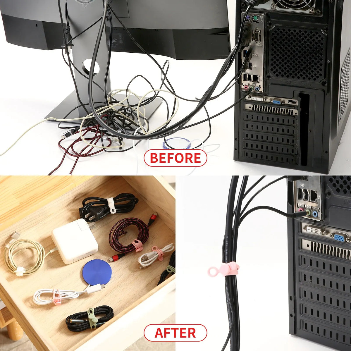 Before and after comparison showing the organization of cables using silicone cable ties and cord organizers.