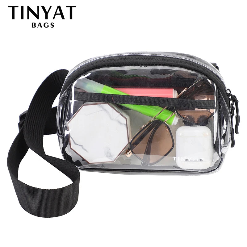 Clear PVC waist bag with an adjustable black strap containing sunglasses and a white object
