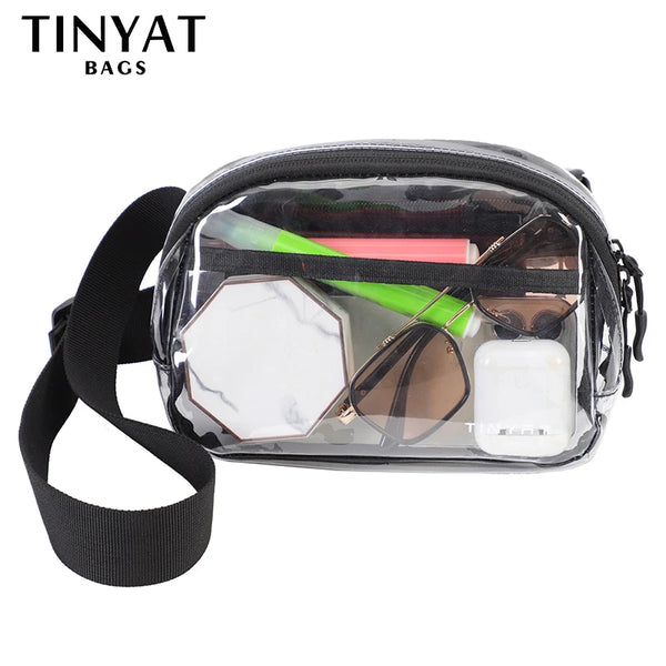Clear PVC waist bag with an adjustable black strap containing sunglasses and a white object