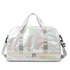A silver iridescent nylon travel bag with light pink accents and handles.