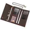 A brown genuine leather bifold wallet with a metal chain, displaying various card slots.