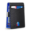 A black leather card wallet with a blue trim, showing slots for cards and cash.