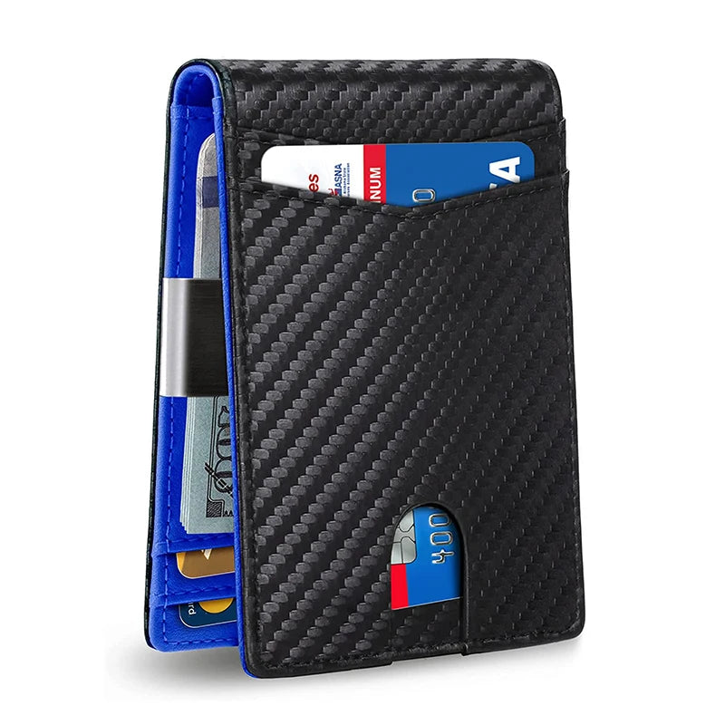 A black leather card wallet with a blue trim, showing slots for cards and cash.