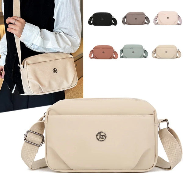 A beige waterproof nylon crossbody shoulder bag shown in various colors and styles.
