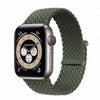 A silver Apple Watch is shown attached to a thick, olive green braided stretch band.