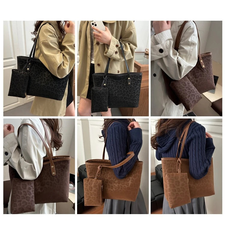 A collection of leopard print tote bags and shoulder bags in various shades of brown and black shown being carried by a woman