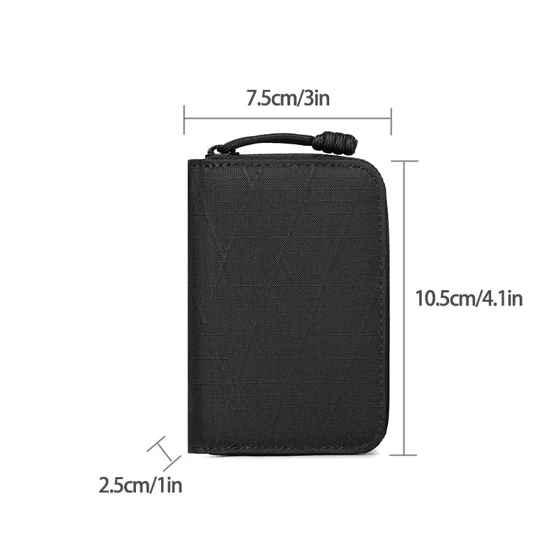 Black RFID zipper wallet shown from the side with dimensions 7.5cm by 10.5cm.