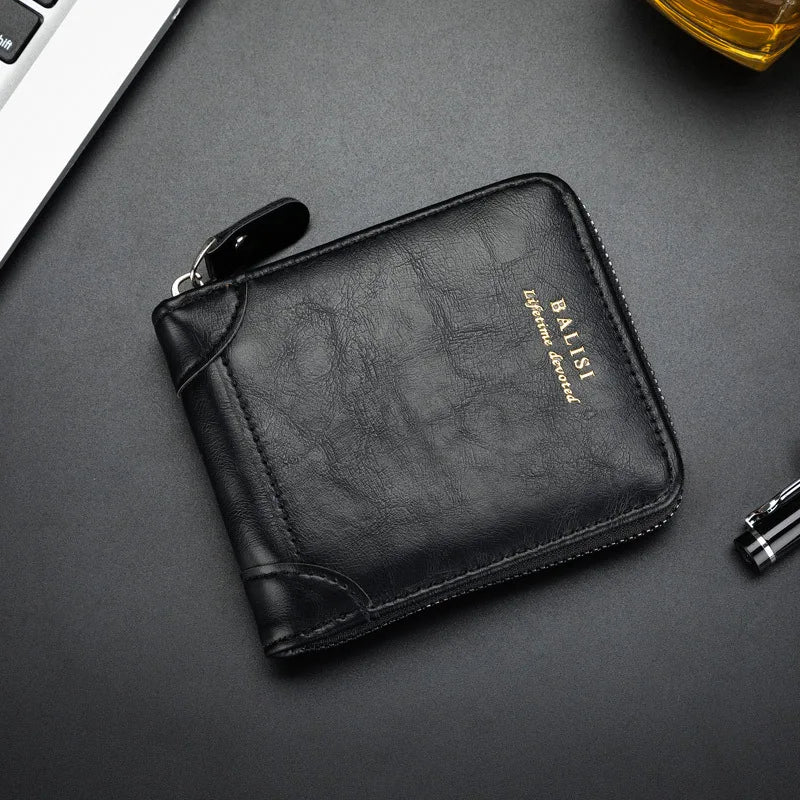 A black retro PU leather men's wallet lying on a dark surface with a gold liquid visible in the background.