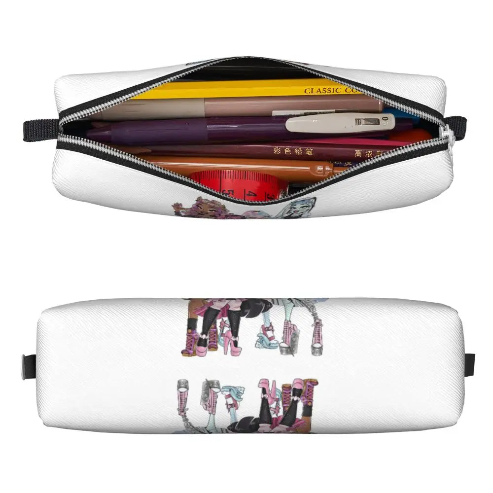 A white leather pencil case is shown open, revealing various pens and pencils inside.