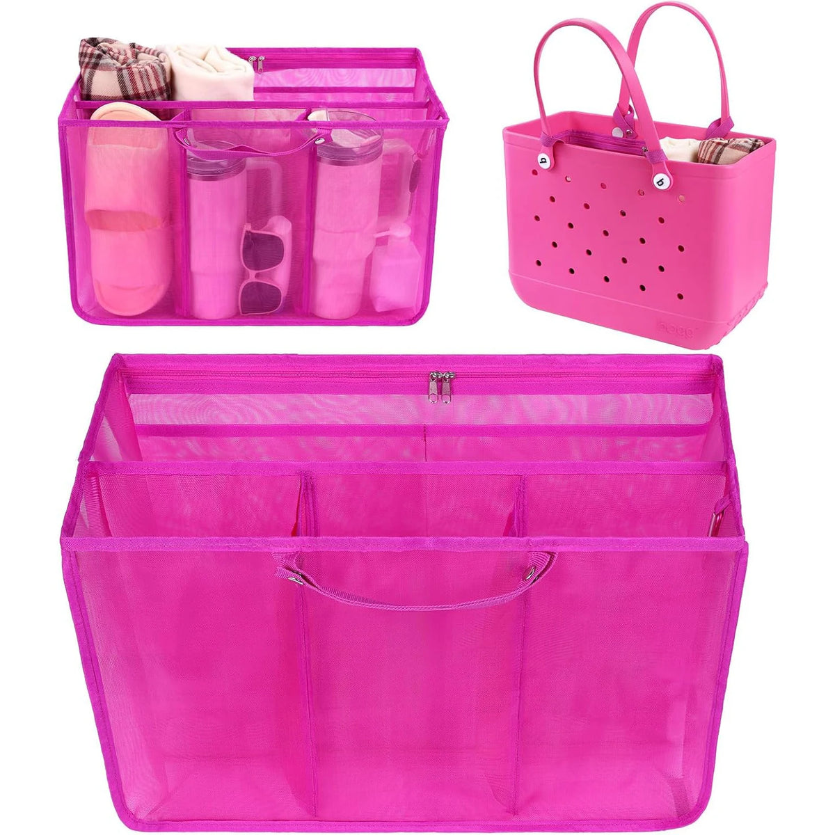 Pink mesh organizer insert with multiple compartments and a matching pink tote bag.