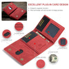 A red leather trifold card holder wallet featuring magnetic functions, slots for cards and photos, and cash storage.