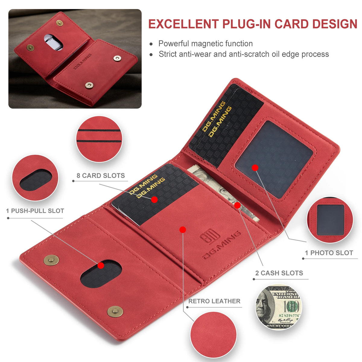 A red leather trifold card holder wallet featuring magnetic functions, slots for cards and photos, and cash storage.