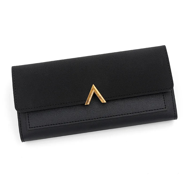 Black tri-fold PU card holder wallet with a gold triangular clasp.