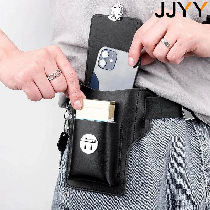 A hand is shown putting a smartphone into a black leather waist bag with a belt clip, featuring a small card holder.