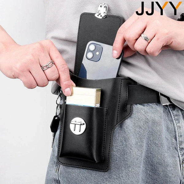A hand is shown putting a smartphone into a black leather waist bag with a belt clip, featuring a small card holder.