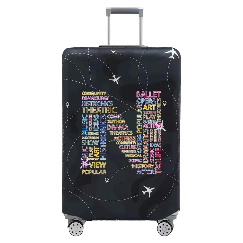 A black suitcase with a transparent stretch fabric protection cover featuring various performance and arts-related words.