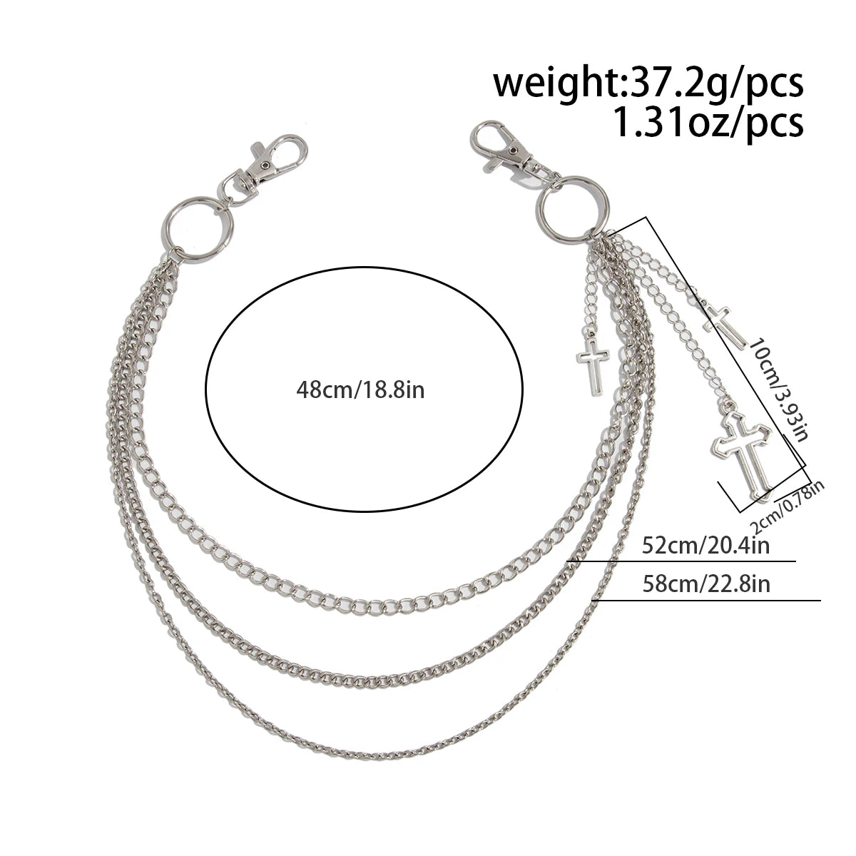 Silver punk star chain belt with pearl accents featuring multiple strands and a cross charm