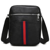 Black waterproof PU leather sling bag featuring red and blue stripes on the front