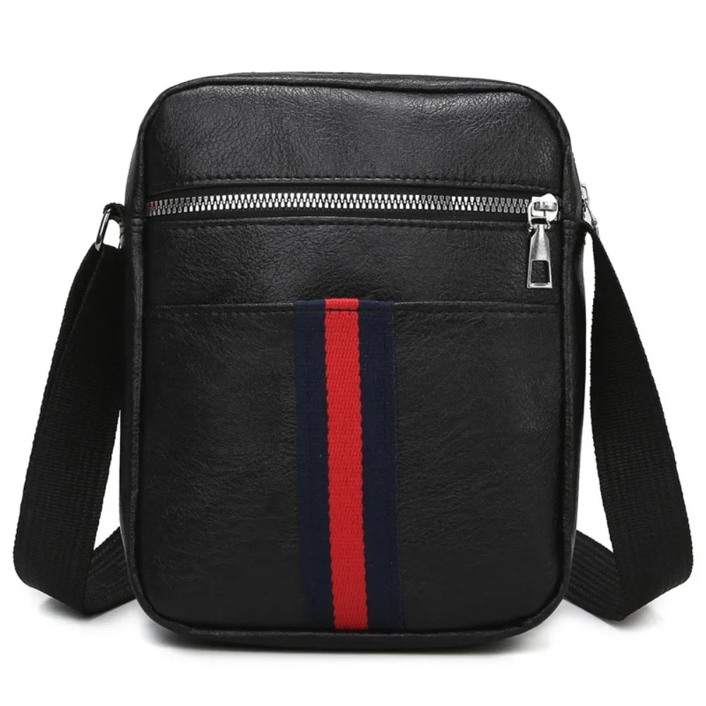 Black waterproof PU leather sling bag featuring red and blue stripes on the front