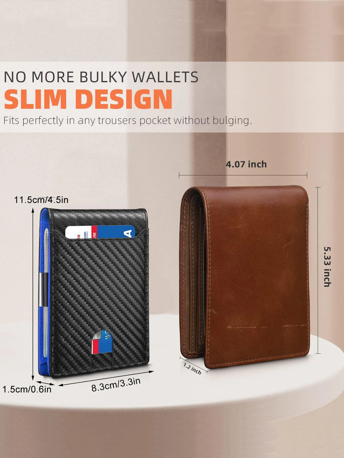 A black leather slim wallet shown next to a brown leather wallet, highlighting its thin design.