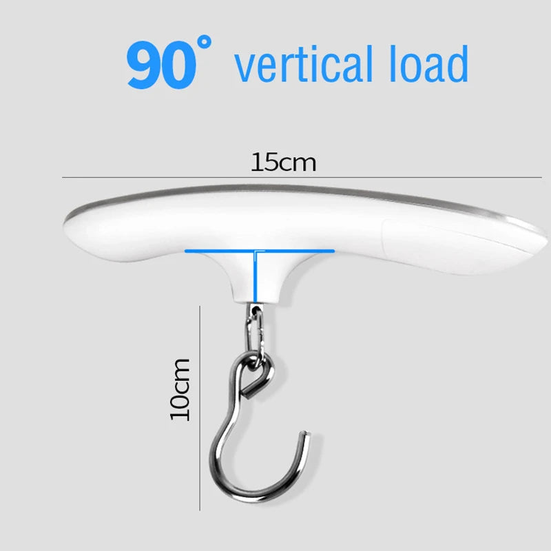A white portable digital luggage scale is shown under a 90 degree vertical load test.