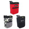 A red fabric pouch for pet training treats with a black zipper and a black and red design.