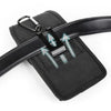 Black nylon phone belt clip pouch with a leather strap and metal clip.