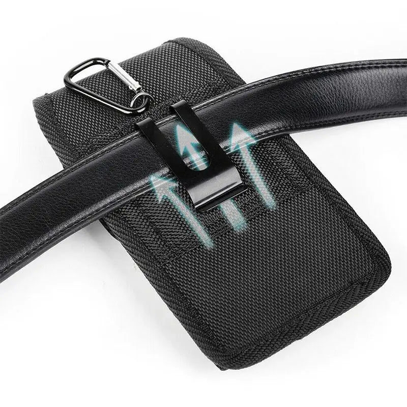 Black nylon phone belt clip pouch with a leather strap and metal clip.