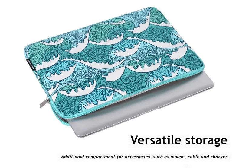 A teal laptop sleeve featuring a white and teal scale pattern, designed for versatile storage of accessories.