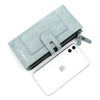 A light blue leather wallet and a white iPhone are shown together.