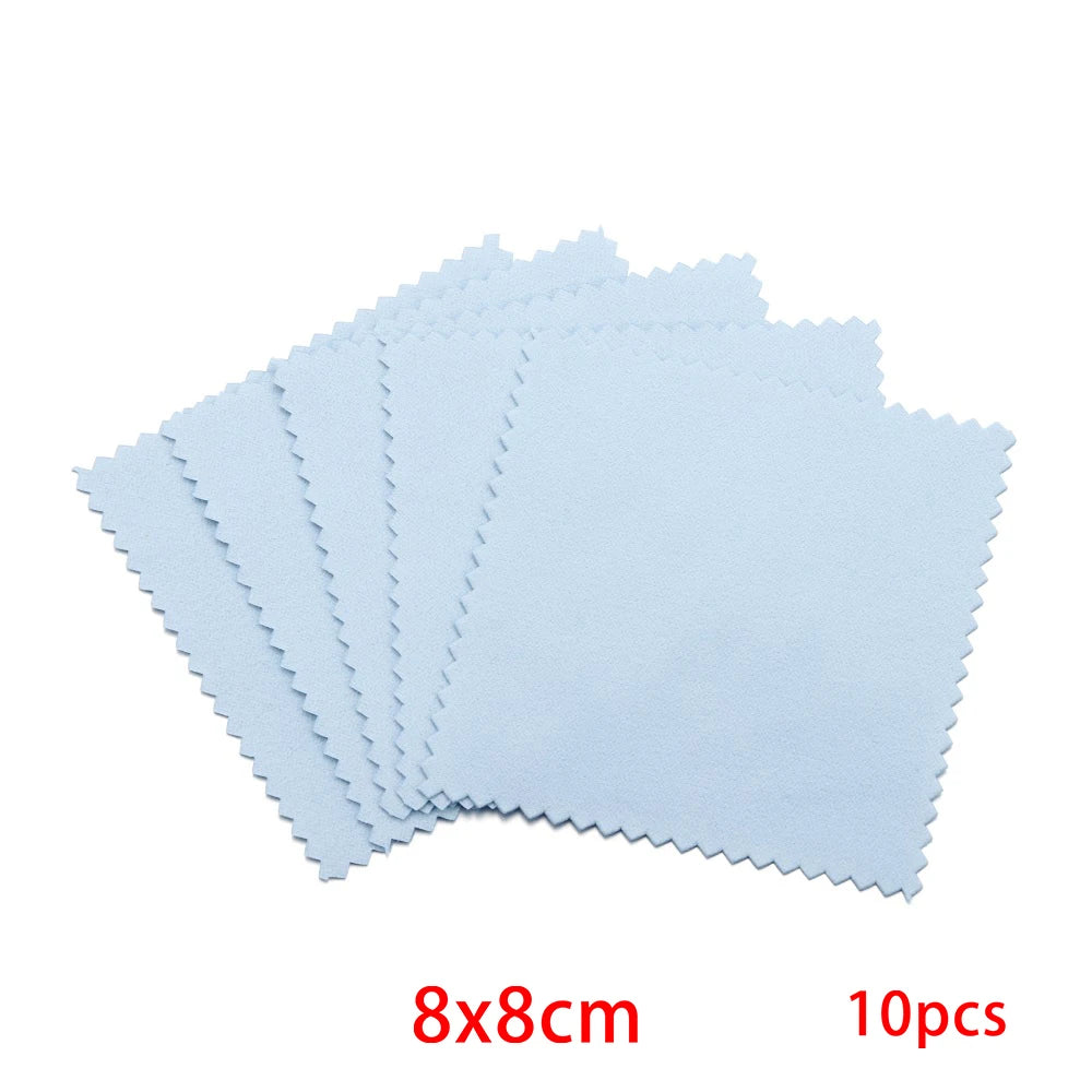 A set of ten light blue polishing cloths, measuring 8x8cm, with serrated edges.