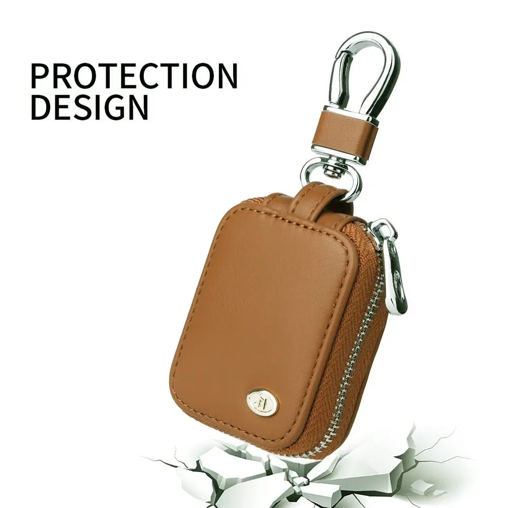 A brown protective case with a silver clasp and zipper detail for earphones.